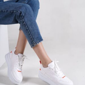 ALESSI Bağcıklı Ortopedik Taban Kadın Sneaker Spor Ayakkabı BT - Beyaz/Turuncu