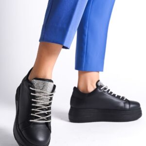 DELLA Bağcıklı Ortopedik Taban Taşlı Kadın Sneaker Spor Ayakkabı  ST - Siyah