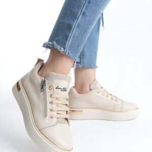 DINA Bağcıklı Fermuarlı Ortopedik Taban Kadın Sneaker Spor Ayakkabı  KT - Krem/Altın