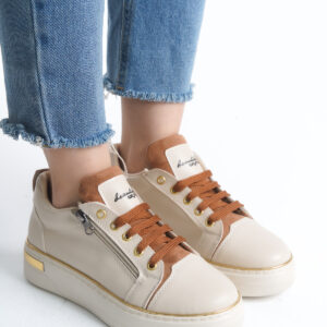 DINA Bağcıklı Fermuarlı Ortopedik Taban Kadın Sneaker Spor Ayakkabı  KT - Krem/Taba/Altın
