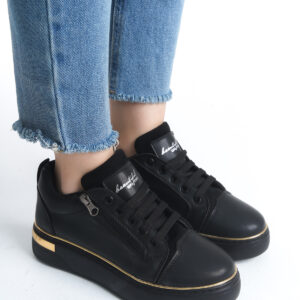 DINA Bağcıklı Fermuarlı Ortopedik Taban Kadın Sneaker Spor Ayakkabı  ST - Siyah/Altın