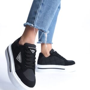 PRAG Bağcıklı Ortopedik Taban Desenli Kadın Sneaker Spor Ayakkabı  BT - Siyah