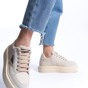 PRAG Bağcıklı Ortopedik Taban Desenli Kadın Sneaker Spor Ayakkabı  KT - Krem