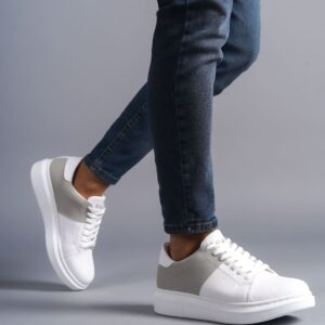 SLW151 Boost Bağcıklı Cilt Süet Erkek Günlük Sneaker Ayakkabı BT - Beyaz/Gri