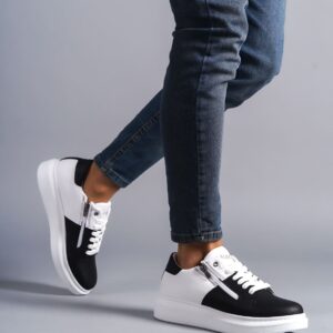 SLW155 Warrior Bağcıklı ve Fermuarlı Cilt Erkek Günlük Sneaker Ayakkabı BT - Beyaz/Siyah
