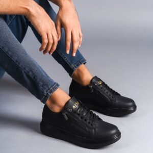 SLW155 Warrior Bağcıklı ve Fermuarlı Cilt Erkek Günlük Sneaker Ayakkabı ST - Siyah