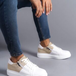 SLW155 Warrior Bağcıklı ve Fermuarlı Cilt Süet Erkek Günlük Sneaker Ayakkabı BT - Beyaz/Krem