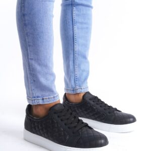 SLW166 Prestige Bağcıklı Cilt Kapitone Desenli Erkek Günlük Sneaker Ayakkabı BT - Siyah