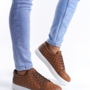 SLW166 Prestige Bağcıklı Cilt Kapitone Desenli Erkek Günlük Sneaker Ayakkabı BT - Taba