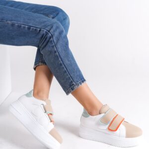 VALENCIA Bağcıksız Cırt Cırtlı Ortopedik Taban Kadın Sneaker Spor Ayakkabı BT - Beyaz/Ten/Mavi